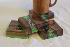 vTop Export Quality Omar Creations Natural Wood Color 10*10*1cm Wood Epoxy Resin Reusable <b>Coasters</b> <b>Drink</b> Tea Coffee Holes Free - Product Image 2