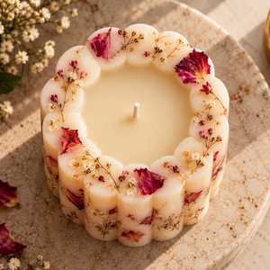 Floral Pillar <b>Candle</b> Handmade Decorative Scented Wax <b>Candle</b> with Dried <b>Flowers</b> Rose Petals Botanical Embellishment Scalloped - Product Image 2