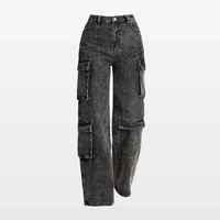 Pantalon cargo en jean taille haute pour femme, coupe ample, longueur intégrale, délavage moyen, couleur unie, style décontracté, 100 % coton, idéal pour l'automne