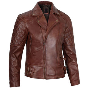 Blouson aviateur en cuir véritable pour homme, col montant, fermeture éclair, épaules matelassées, coupe ajustée, vêtement d'hiver - Product Image 1