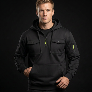 <b>Men's</b> <b>Black</b> Eco-Friendly 300g Quarter Zip Lined Hoodie Fleece Solid Color Chest Pockets Neon Green Zipper Details Regular Sleeve - Product Image 5