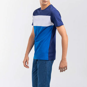 <b>Men</b> Color Blocked T-Shirt Short Sleeve O-Neck Regular Fit Casual <b>Blue</b> White Knitted Cotton Tee - Product Image 5