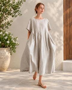<b>Women</b> Ivory Cotton Linen Maxi <b>Dress</b> Short Sleeve Loose Fit <b>Vintage</b> Empire Waist Flowing Casual Summer <b>Dress</b> - Product Image 3