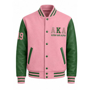 Veste universitaire rose et verte pour homme, style preppy, lettres AKA brodées, fermeture boutonnée sur le devant, coupe classique, vêtement d'automne - Product Image 5