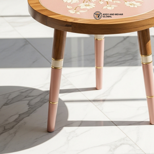 Luxury Handcrafted Minakari Wooden Accent <b>Table</b> Vibrant & Floral Inlay <b>Stool</b> Premium Tapered Leg Pedestal <b>with</b> Gold Accents - Product Image 5