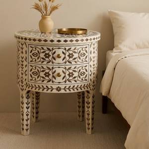Round MDF Resin Inlay Bedside Wardrobe With Carved Floral Pattern Double Table Classic Style End Table For Living Room - Product Image 6