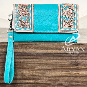 Pochette en cuir véritable à motif floral embossé, style western, nouveauté, vente chaude, portefeuille pour cartes de crédit pour femme - Product Image 1