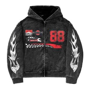 Sudadera con capucha retro con cremallera para hombre, estampada, estilo urbano oscuro, de corte holgado, con efecto lavado ácido, informal - Product Image 1