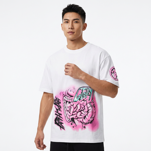 T-shirt blanc surdimensionné en coton avec imprimé graffiti rose, style streetwear, manches courtes, col rond, coupe ajustée pour homme - Product Image 6