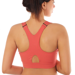 Soutien-gorge de sport pour femme en or rose avec fermeture éclair avant, bretelles réglables, col rond, maintien moyen, respirant, sans coutures, uni - Product Image 3
