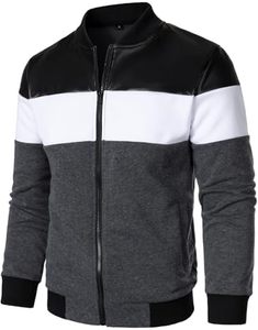 Blouson Racer Homme en Cuir Color Block avec Fermeture Éclair, Col Montant, Coupe Droite, Respirant, pour Hiver Décontracté - Product Image 5