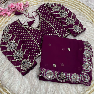 Exclusivo Saree de Georgette de Diseñador, Blusa Elegante, Estilo Étnico Moderno, Última Tendencia, Vestido de Novia Indio, Modesto, para Fiestas, para Mujeres y Niñas - Product Image 1