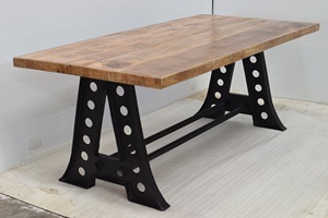 Industrial Mango <b>Wood</b> Dining <b>Table</b> with Perforated Metal Trestle Base Modern Loft Style Furniture Farmhouse Home Hotel Villa - Product Image 4