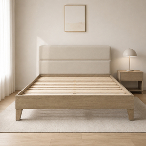 Fabricant de meubles, support OEM/ODM, lits en bois avec tête de lit rembourrée, lit plateforme en chêne massif, meubles du Vietnam - Product Image 1