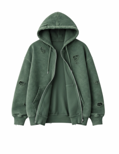 Sweat à capuche unisexe en polaire vert délavé et déchiré, coupe oversize, avec poches, 100 % coton, séchage rapide et anti-plis - Product Image 4