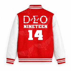 Veste universitaire personnalisée avec lettres grecques rouges, veste de style sororité brodée pour femmes, veste bomber inspirée des universités, OEM - Product Image 5