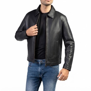 Veste de moto pour homme en cuir de vache véritable, écologique, coupe-vent, col rabattable, fermeture éclair, coupe classique, noir uni, style automne - Product Image 1