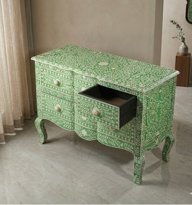 Green Mother of Pearl Inlay Solid Wood Hand Carved Accent <b>Sideboard</b> Floral Pattern Bedside <b>Storage</b> - Product Image 4