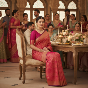 Sari de Seda Tejido a Mano para Mujer |   Ropa Tradicional de Alta Calidad para Bodas, Fiestas y Celebraciones |   Última Colección de Diseñador - Product Image 3