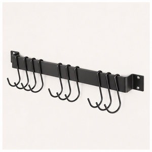Support mural robuste pour ustensiles de cuisine avec crochets coulissants, rail de suspension en métal noir mat pour spatules, poêles et tasses - Product Image 1