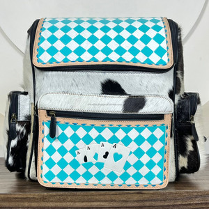 Sac à langer en cuir véritable à carreaux turquoise personnalisé 2025 avec sac de voyage tendance Ensemble assorti mignon en deux pièces - Product Image 4