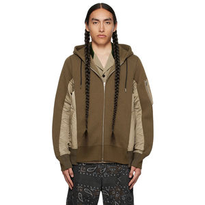 Sudadera con capucha para hombre con media cremallera, personalizada OEM, de mezcla de algodón tipo jersey paneado y sarga de nailon, con bolsillo utilitario y cremallera bidireccional - Product Image 1