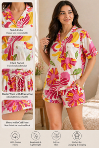 Conjunto de Pijama Floral con Estampado a Mano para Mujer, 100% Algodón, Camisa de Manga Corta y Pantalones Cortos, Conjunto Informal Hecho a Mano - Product Image 3