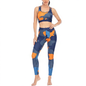 Women's Camouflage Print Yoga Set High Waist Leggings <b>Crop</b> <b>Top</b> 2 Piece Fitness Wear Full Length Racerback - Product Image 4