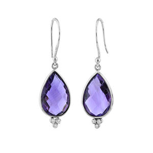 Nouvelles boucles d'oreilles en or jaune massif 18 carats avec améthyste véritable et diamants, forme goutte d'eau, longues, pour mariages - Product Image 3