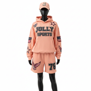 Women Hoodie Short <b>Set</b> Luxury Brushed Cotton Fleece Custom Applique <b>Embroidery</b> Logo 100% Cotton Hoodie Shorts <b>Set</b> for Women - Product Image 6