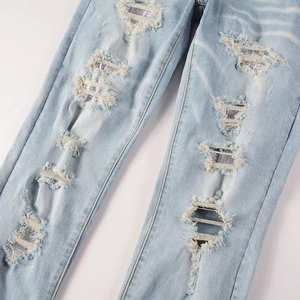 Vaqueros desgastados con parches personalizados, corte holgado y recto, estilo streetwear, efecto apilado, denim vintage lavado, Y2K, elásticos, hip hop - Product Image 4