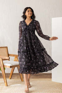 Vestido Midi Romántico de Gasa con Estampado Floral, Cuello con Volantes, Manga Larga, Corte en A, Holgado, Casual de Primavera, Elegante para Mujer - Product Image 4