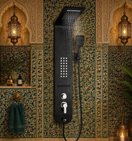 Système de douche mural LED noir de luxe moderne avec robinet thermostatique, jets de pluie et de massage, finition brossée douce, idéal pour les hôtels