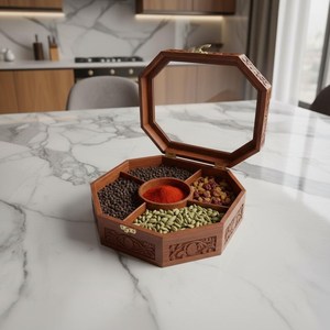Caja de especias octogonal hecha a mano de madera de Sheesham, organizador de masala con tapa de vidrio - Product Image 5