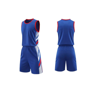 OEM Men Basketball Jersey Set Blue <b>Red</b> <b>White</b> <b>Striped</b> Sleeveless Tank Top Elastic Waist Shorts Moisture Wicking Breathable - Product Image 1