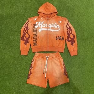 Custom <b>Flame</b> Print Acid Wash Men Zip Up Hoodie Shorts Set Heavyweight French Terry Distressed Vintage Tracksuit Gym Jogger Suit - Product Image 4
