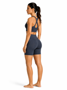 Dark Gray 2 Piece Yoga Set Scoop Neck Racerback <b>Crop</b> <b>Top</b> High Waist Biker <b>Shorts</b> Seamless Activewear for Women - Product Image 2