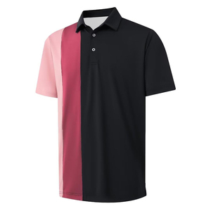 Polo pour homme à blocs de couleur, manches courtes, tricoté, décontracté, boutonné, noir, rose, rouge, coupe classique - Product Image 1