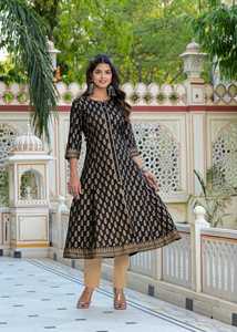 Kurta Anarkali en coton imprimé doré avec dupatta, couleur noire, pour femme, vêtement ethnique d'été pour fêtes et occasions, séchage rapide, recyclé - Product Image 5