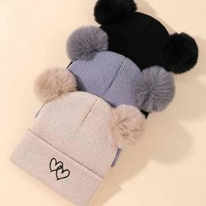 Baby Beanie Hat With Pom Poms Embroidered Hearts Solid Color <b>Winter</b> <b>Cap</b> Unisex Knitted Warm Hat - Product Image 6