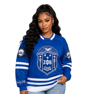 Camiseta de Hockey Zeta Phi Beta para Mujer, Azul Rey con Rayas Blancas, Manga Larga, Malla, Escudo Bordado, Parche de Manga 1920, Hermandad - Product Image 1