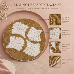 Leaf Motif Beaded <b>Placemat</b> <b>Gold</b> Ivory <b>Round</b> Table Mat Handmade Dining Decor Botanical Pattern | Elegant Glass Beadwork <b>Placemats</b> - Product Image 5