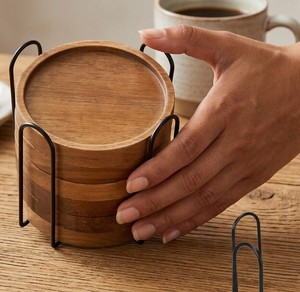 Acacia Round Groove Coasters with Holder Decorative Beverage Coffee Table Coasters for <b>Cup</b> Beer Bar <b>Mats</b> & Pads Drink Set - Product Image 3