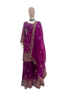 Salwar Kameez de Georgette Sintética Bordada en Morado, Vestido de Boda Tradicional para Mujer, Estilo Indio Pakistaní, Traje Sharara Gharara - Product Image 5