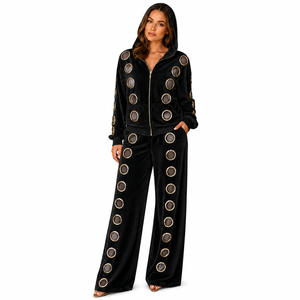 Luxury Women's Eyelet Hooded Tracksuit Set | Oversized <b>Zip</b>-<b>Up</b> <b>Jacket</b> & Wide Leg Pants | Premium Streetwear | Custom OEM Private - Product Image 2