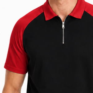 Elegante Polo de Hombre con Bloques de Color, Cierre de Cremallera de Cuarto, Contraste Rojo y Negro, Manga Raglán, Camiseta Polo Ajustada con Cuello de Cremallera - Product Image 3