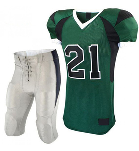 Ensemble de maillot de football américain pour homme, vert foncé, imprimé, col en V, maille respirante anti-humidité, avec pantalon blanc taille 24 et fermeture à boucle. - Product Image 4