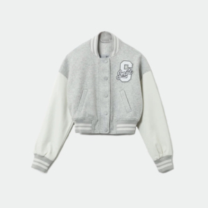 Chaqueta Varsity Corta para Mujer, Gris y Blanca, con Contraste de Color, Manga Larga, Cierre de Botones, Estilo Preppy, Ropa Exterior Informal - Product Image 6