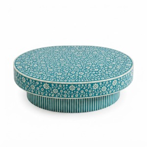 Mesa de centro redonda azul con incrustaciones de hueso y estante inferior, mesa central de lujo con patrón floral para sala de estar y salón de hotel, personalizada - Product Image 2