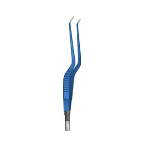 Pinza Bipolar Europea con Punta Fina en Ángulo Ascendente, Recubrimiento Azul de Titanio, 1.5mm, Instrumento Microquirúrgico, Fabricante de Pakistán - Product Image 1
